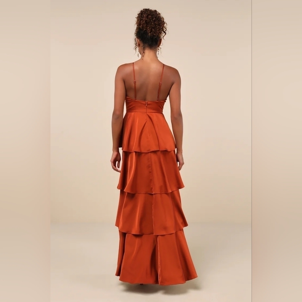 Lulus Going with Elegance Rust Brown Satin Tiered Gown Wedding Party Formal - Picture 5 of 9